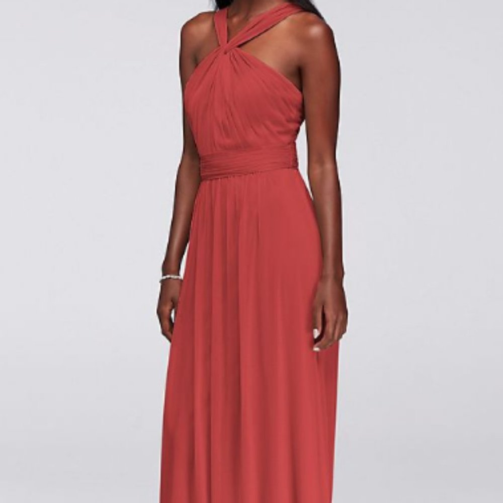 David's Bridal Y-Neck Coral Chiffon Dress (Size 0)